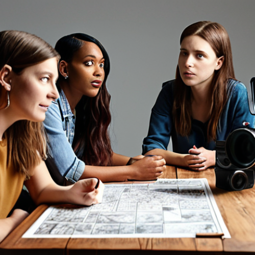 Home 23 ** A collaborative filmmaking team brainstorming ideas in a creative, supportive environment. Focus on diverse perspectives and open communication.
**