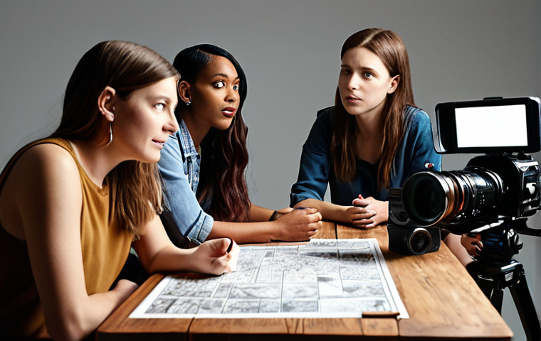 ** A collaborative filmmaking team brainstorming ideas in a creative, supportive environment. Focus on diverse perspectives and open communication.

**