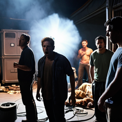 Home 22 **
*Prompt:* A chaotic film set scene. Lights are out, crew members look panicked, a generator is visible in the background, some people are looking at the generator, and the overall feeling is of sudden darkness and disruption.
**