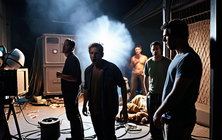 **

*Prompt:* A chaotic film set scene. Lights are out, crew members look panicked, a generator is visible in the background, some people are looking at the generator, and the overall feeling is of sudden darkness and disruption.

**