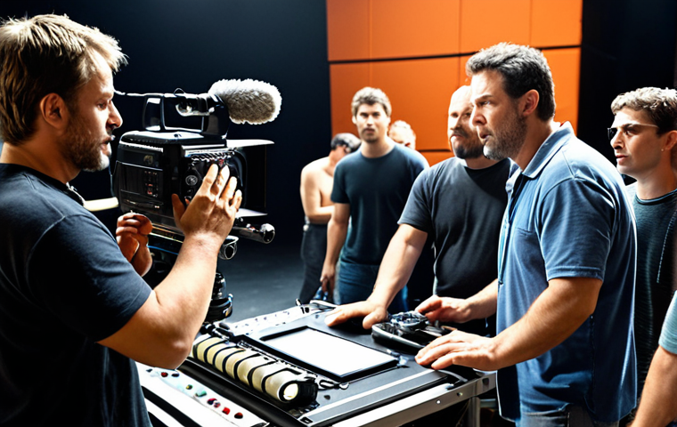 **Image:** A film set bustling with activity. In the foreground, a director is passionately explaining a scene to the actors. In the background, camera operators, lighting technicians, and sound engineers are working diligently. The overall scene captures the collaborative and energetic atmosphere of filmmaking.