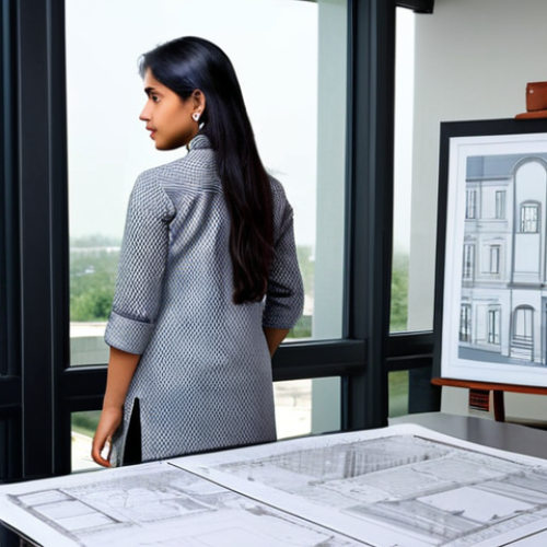 Home 20 **
"A professional South Asian female architect in a fully clothed, modest salwar kameez, standing in a modern architectural office, reviewing blueprints, safe for work, appropriate content, perfect anatomy, natural proportions, professional photography, high quality."
**